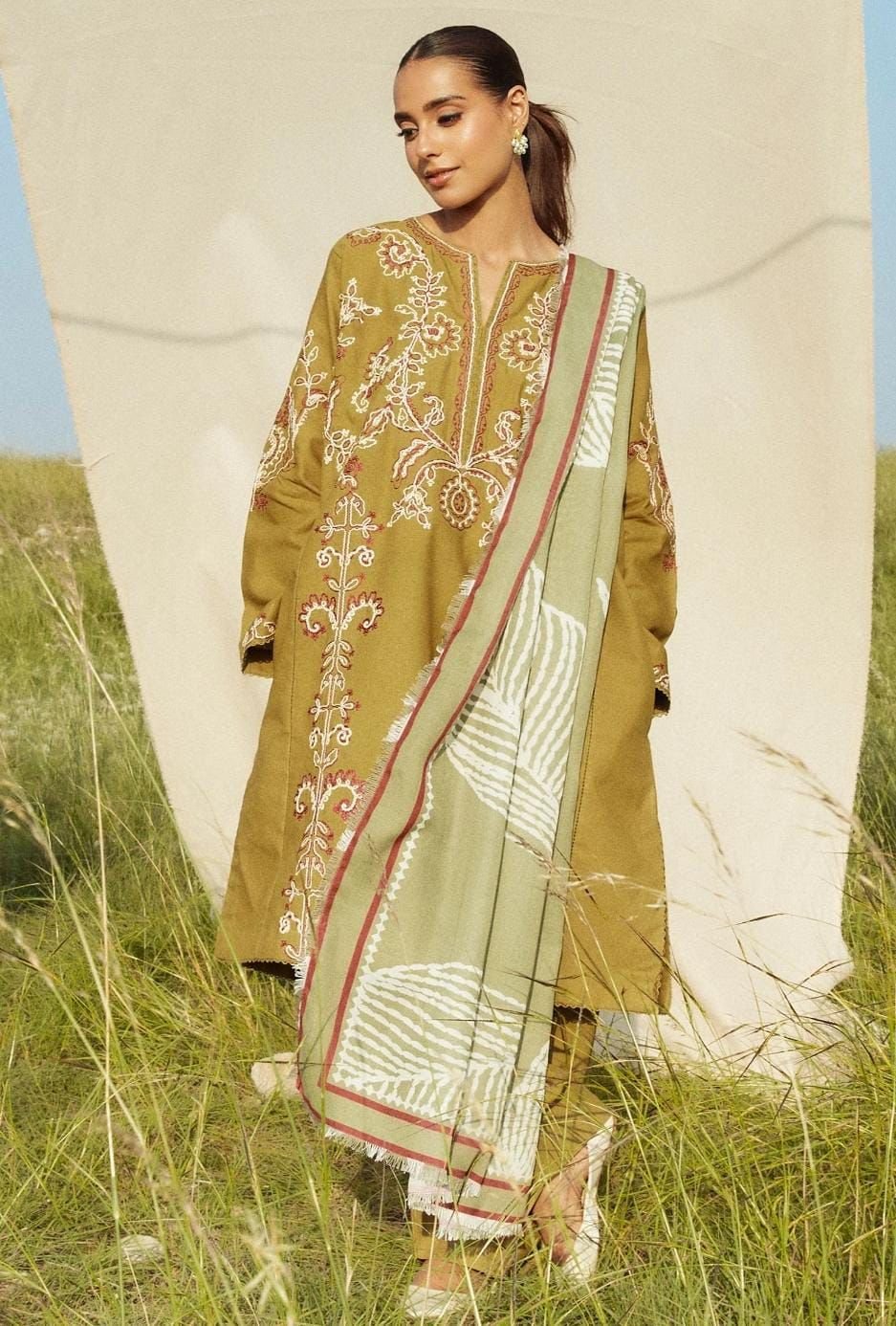 Winter Dhanak 3-Piece Embroidered Suit with Shawl – Premium Collection