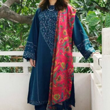 Luxury Dhanak 3-Piece Embroidered Winter Suit with Designer Shawl