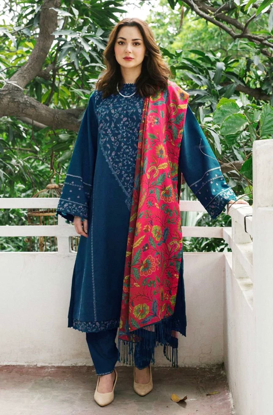 Luxury Dhanak 3-Piece Embroidered Winter Suit with Designer Shawl
