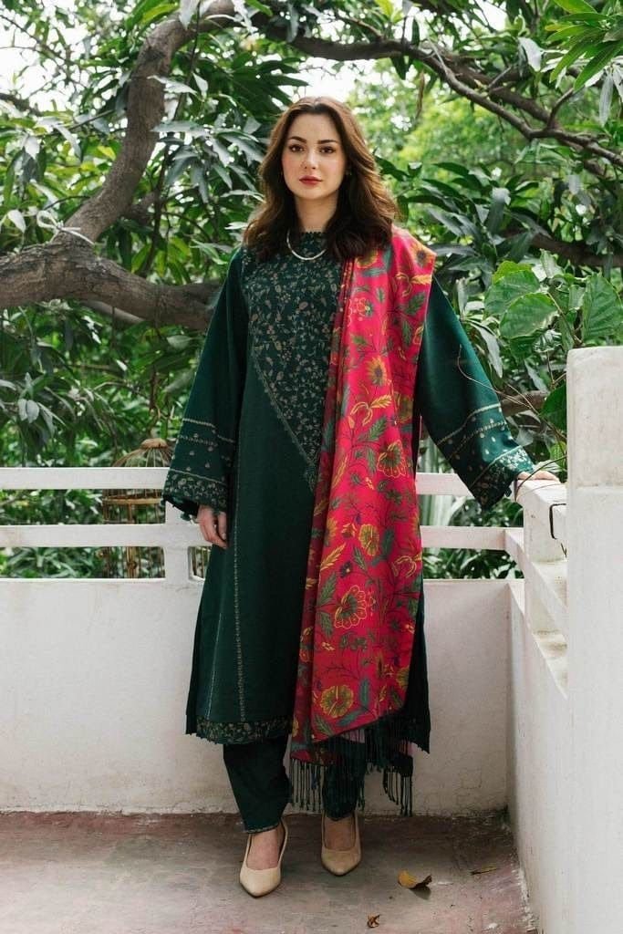 Premium Dhanak 3-Piece Embroidered Winter Ensemble with Shawl
