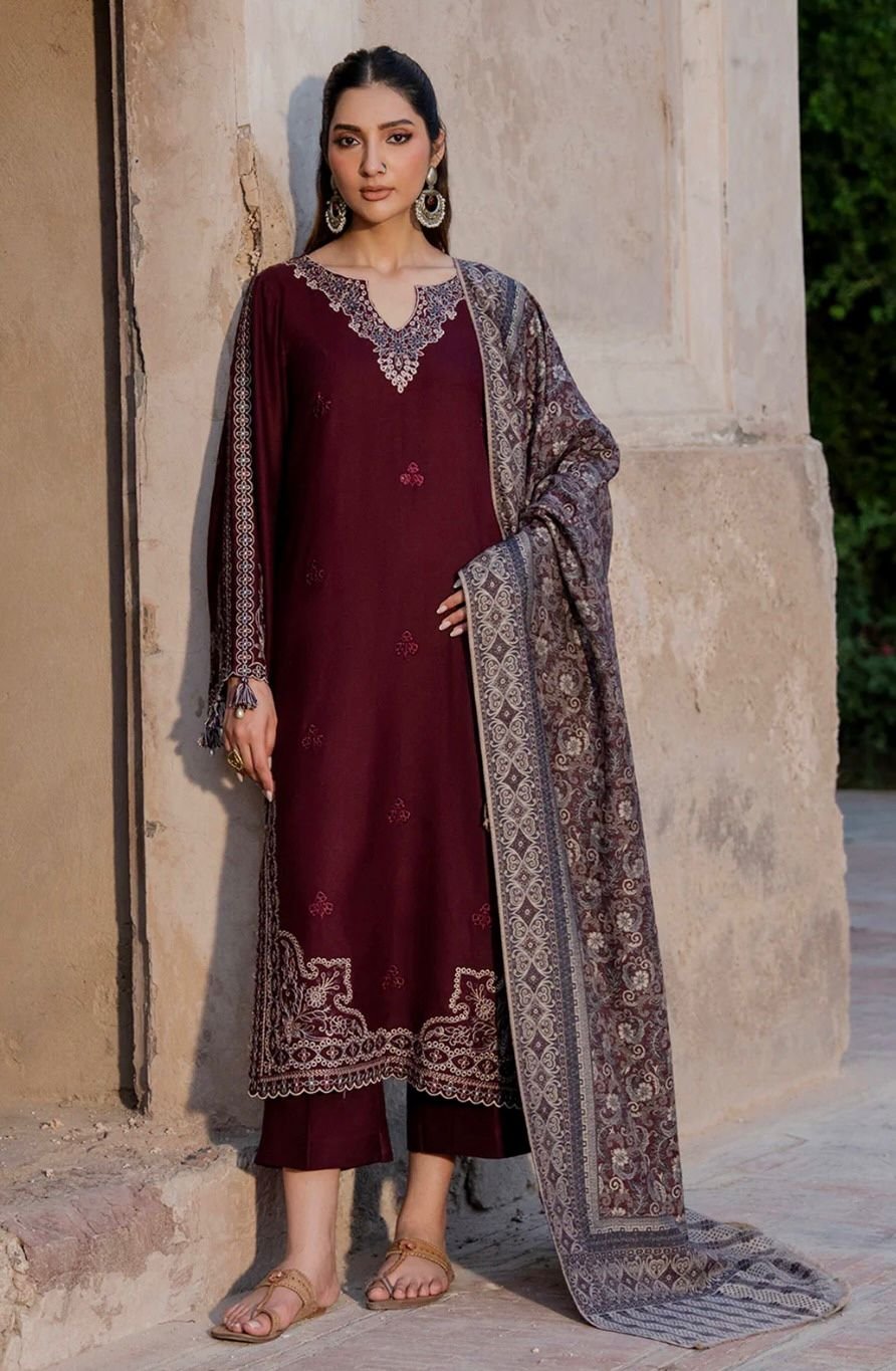 Dhanak 3-Piece Embroidered Suit – Mix Brands | Winter Collection with Embroidered Shawl