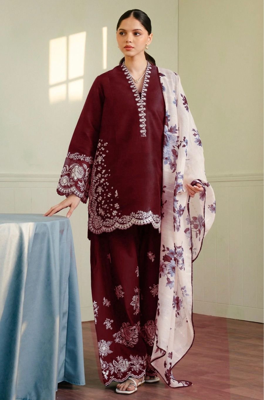 Dhanak 3-Piece Winter Suit with Embroidered Shawl – Soft & Stylish