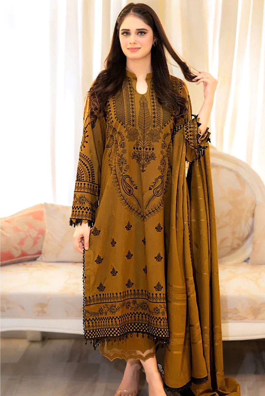 Dhanak 3-Piece Embroidered Winter Suit with Shawl – Elegant Collection