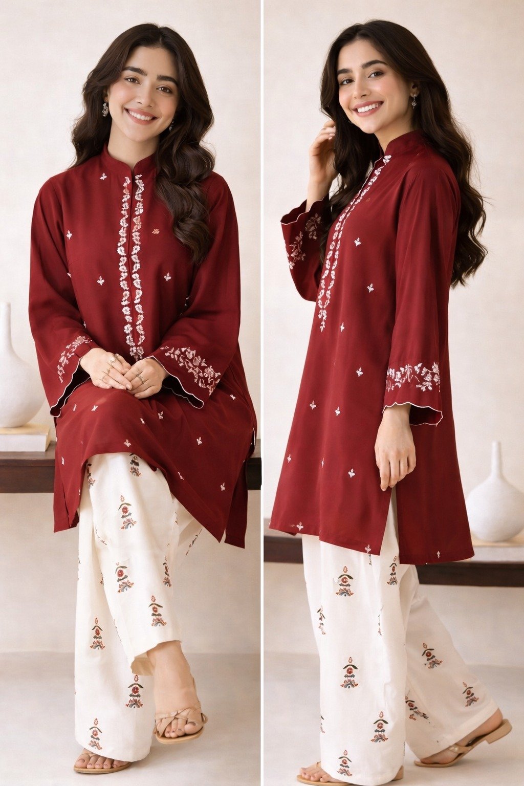 Classic Deep Red Embroidered Outfit with Timeless Charm