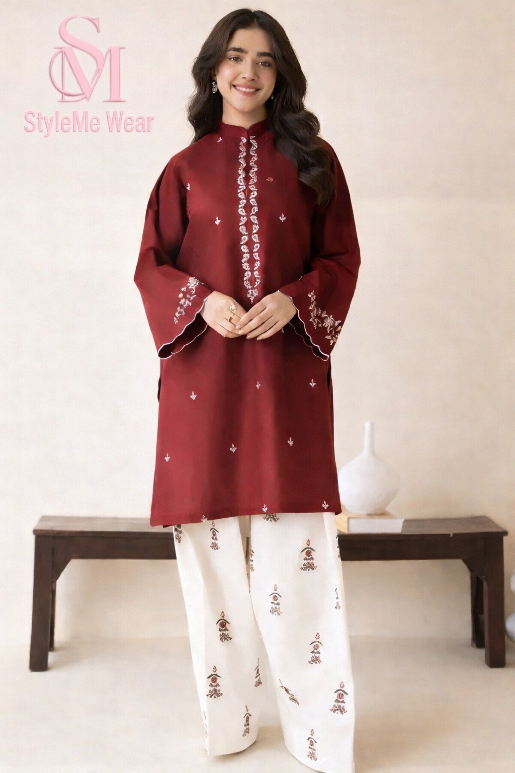 Classic Deep Red Embroidered Outfit with Timeless Charm