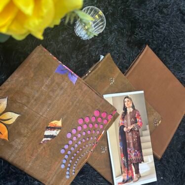 Mocha Brown 3-Piece Unstitched Collection – Floral Embroidered Shirt, Abstract Patterned Dupatta, and Dyed Trousers