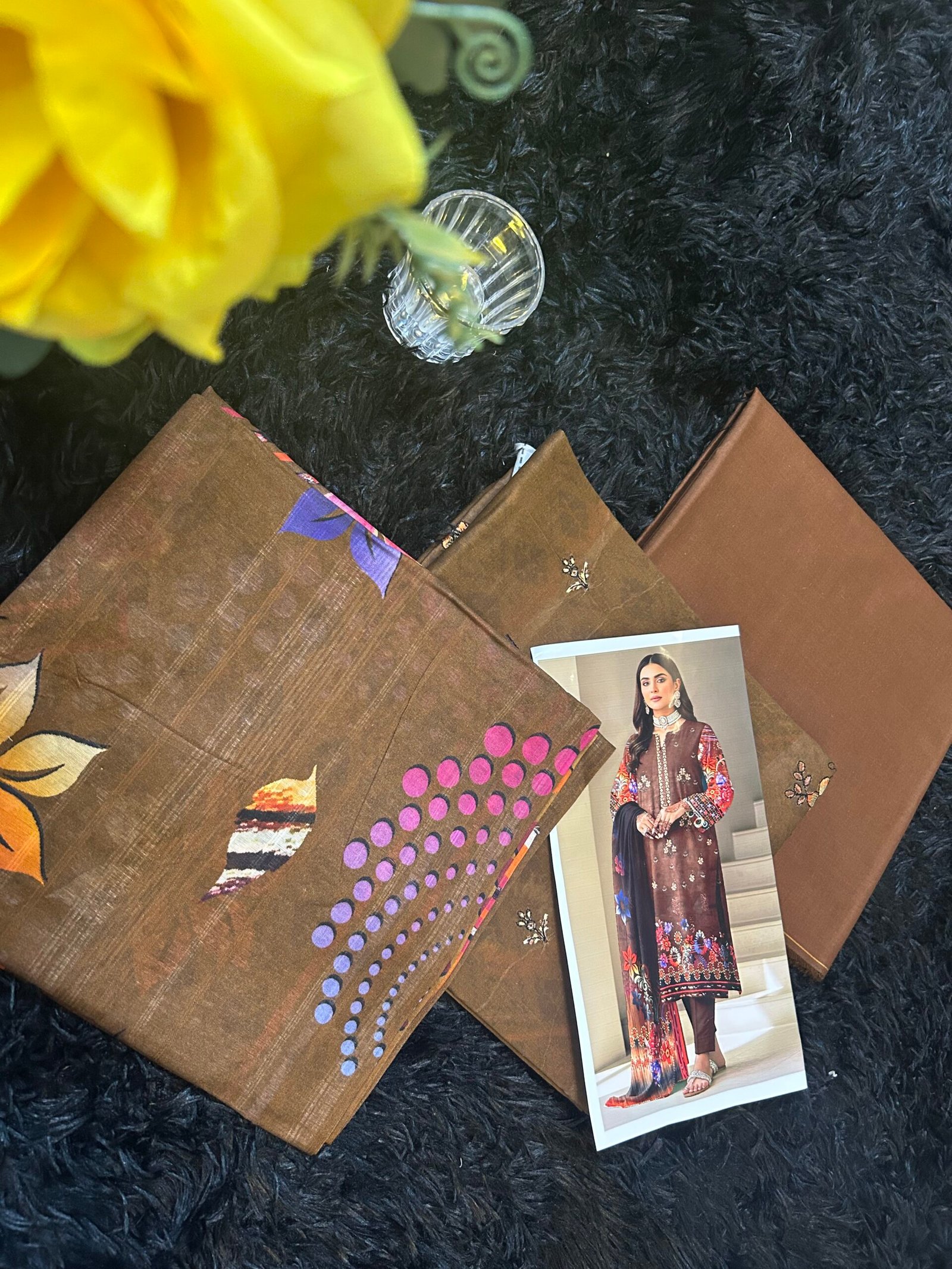 Mocha Brown 3-Piece Unstitched Collection – Floral Embroidered Shirt, Abstract Patterned Dupatta, and Dyed Trousers