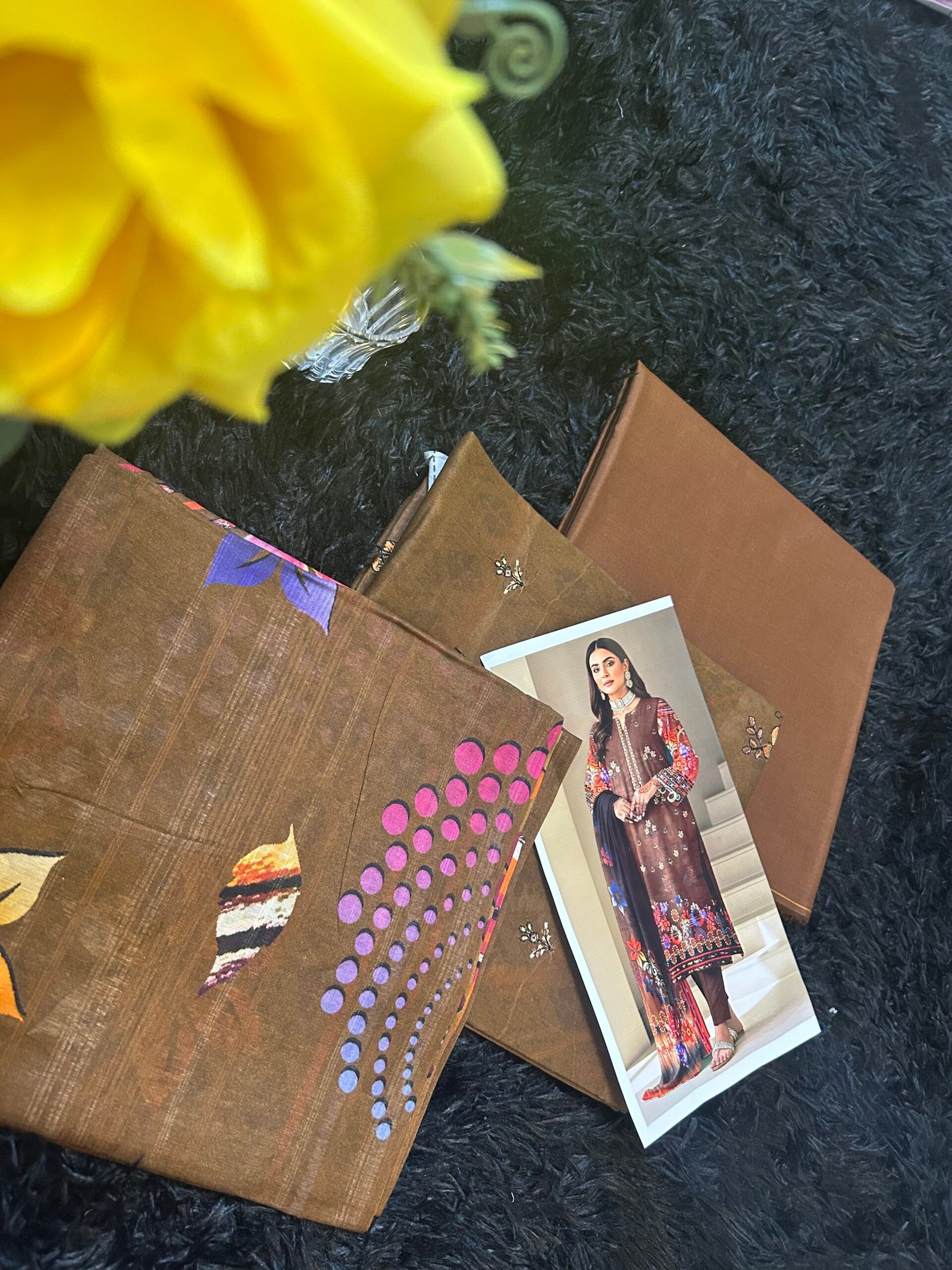 Mocha Brown 3-Piece Unstitched Collection – Floral Embroidered Shirt, Abstract Patterned Dupatta, and Dyed Trousers