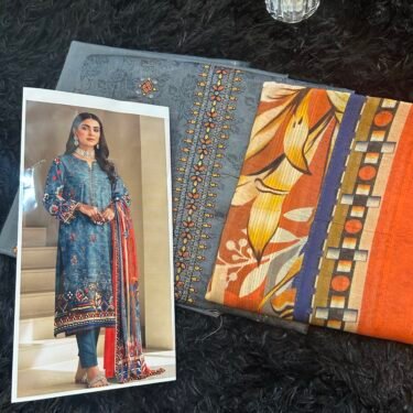 Slate Blue 3-Piece Unstitched Collection – Floral Embroidered Shirt, Sunset Orange Printed Dupatta, and Dyed Trousers
