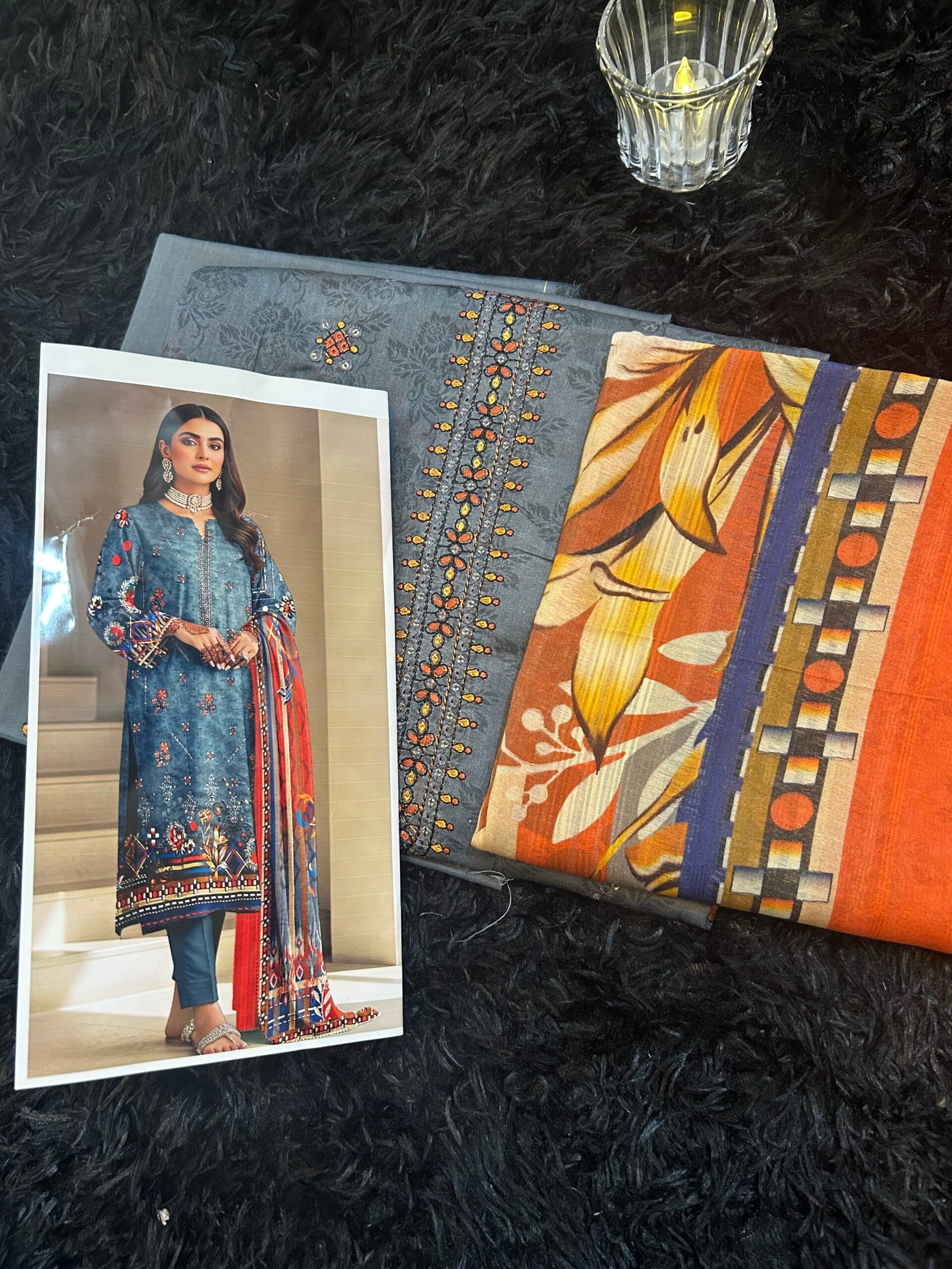 Slate Blue 3-Piece Unstitched Collection – Floral Embroidered Shirt, Sunset Orange Printed Dupatta, and Dyed Trousers