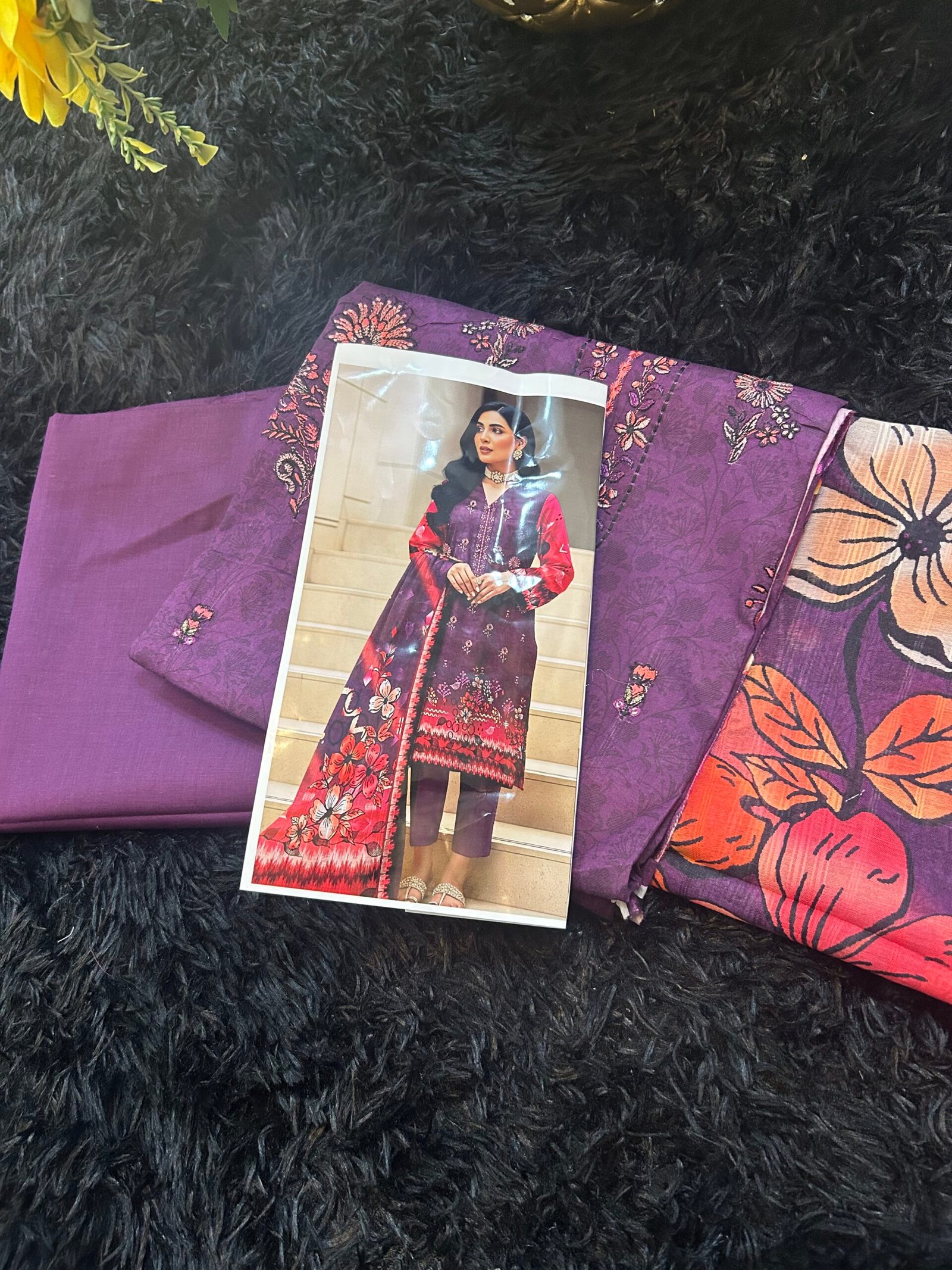 Royal Plum 3-Piece Unstitched Collection – Floral Embroidered Shirt, Bold Printed Dupatta, and Matching Trousers