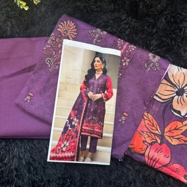 Royal Plum 3-Piece Unstitched Collection – Floral Embroidered Shirt, Bold Printed Dupatta, and Matching Trousers