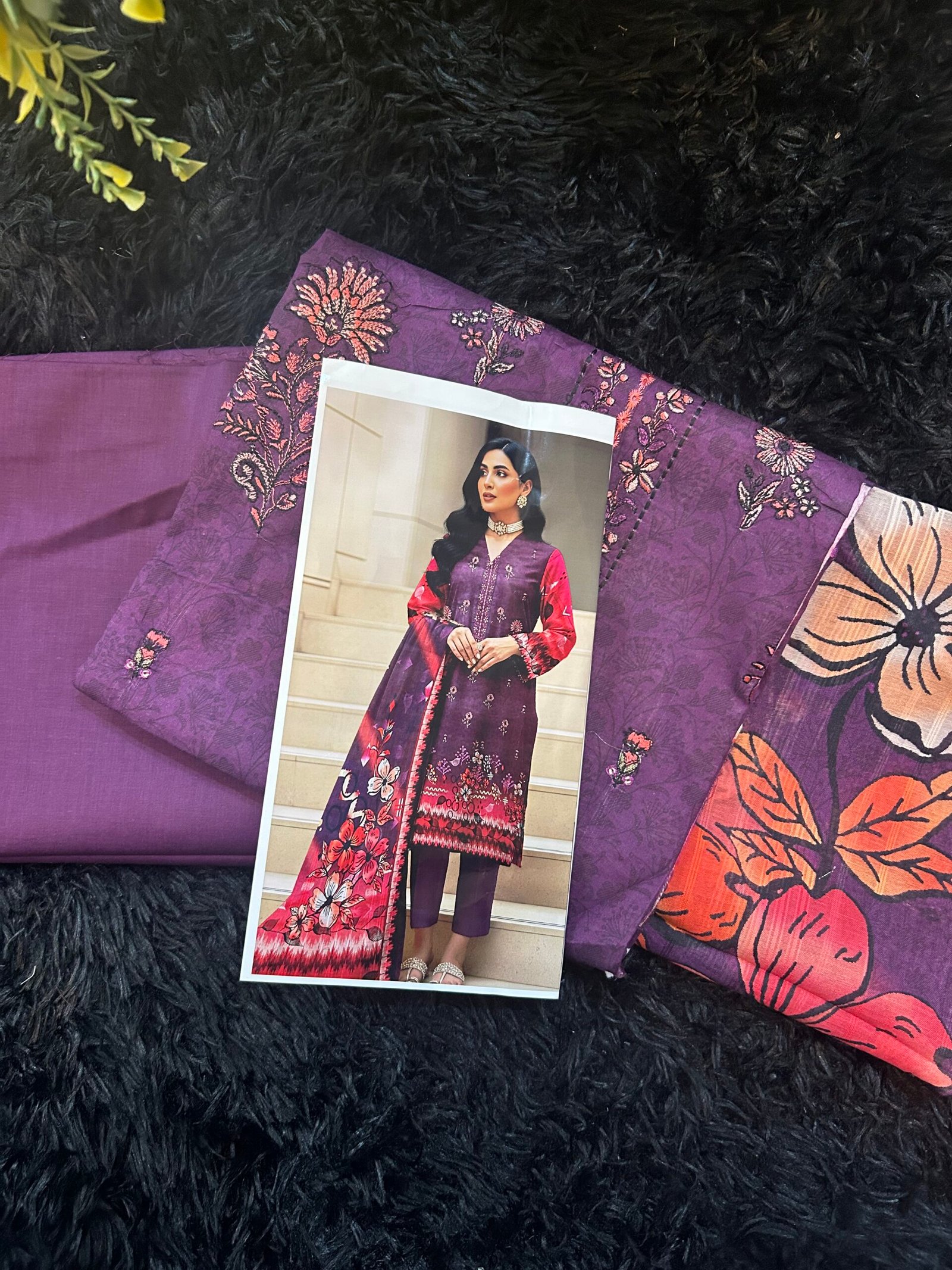 Royal Plum 3-Piece Unstitched Collection – Floral Embroidered Shirt, Bold Printed Dupatta, and Matching Trousers