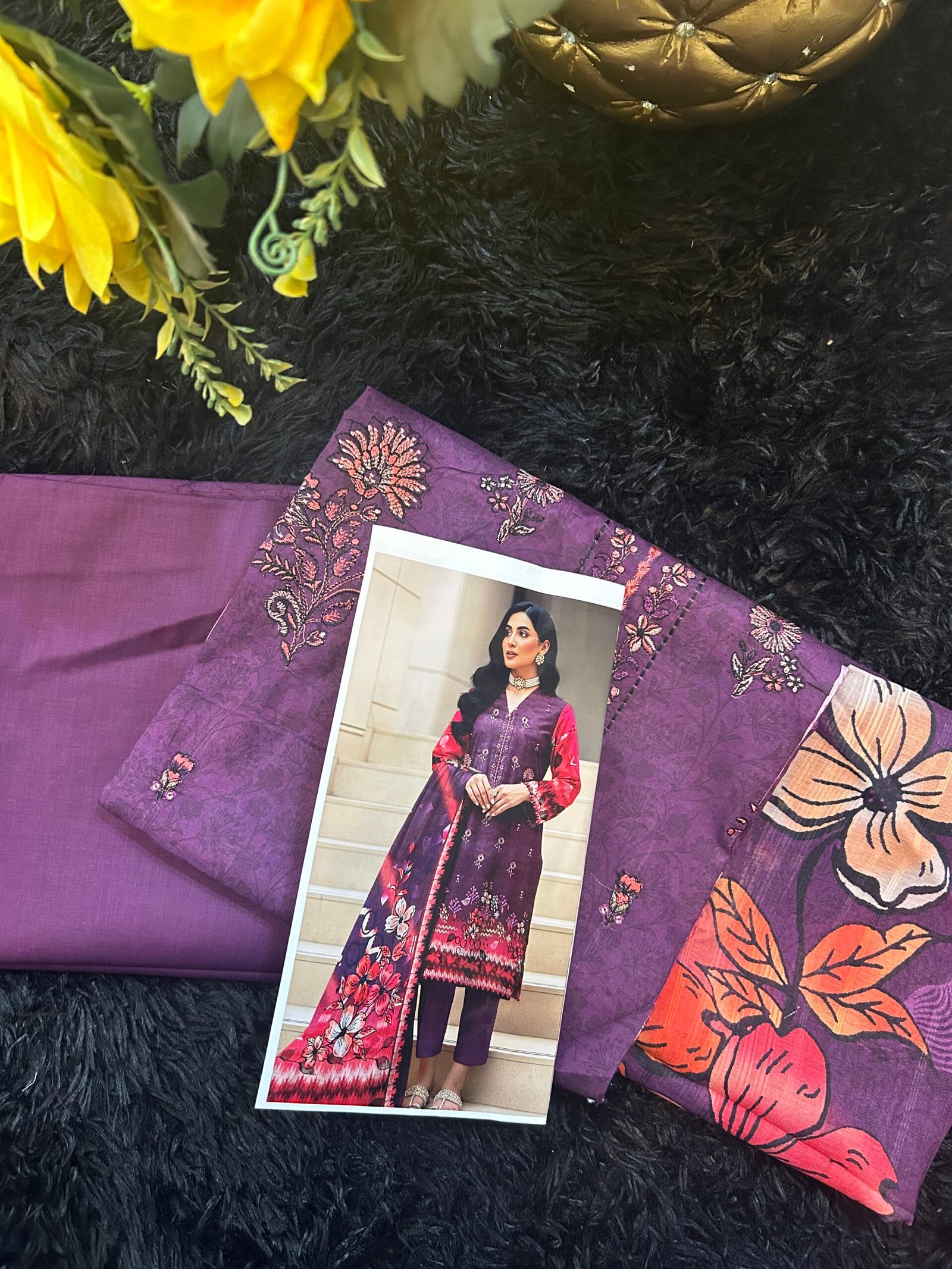 Royal Plum 3-Piece Unstitched Collection – Floral Embroidered Shirt, Bold Printed Dupatta, and Matching Trousers