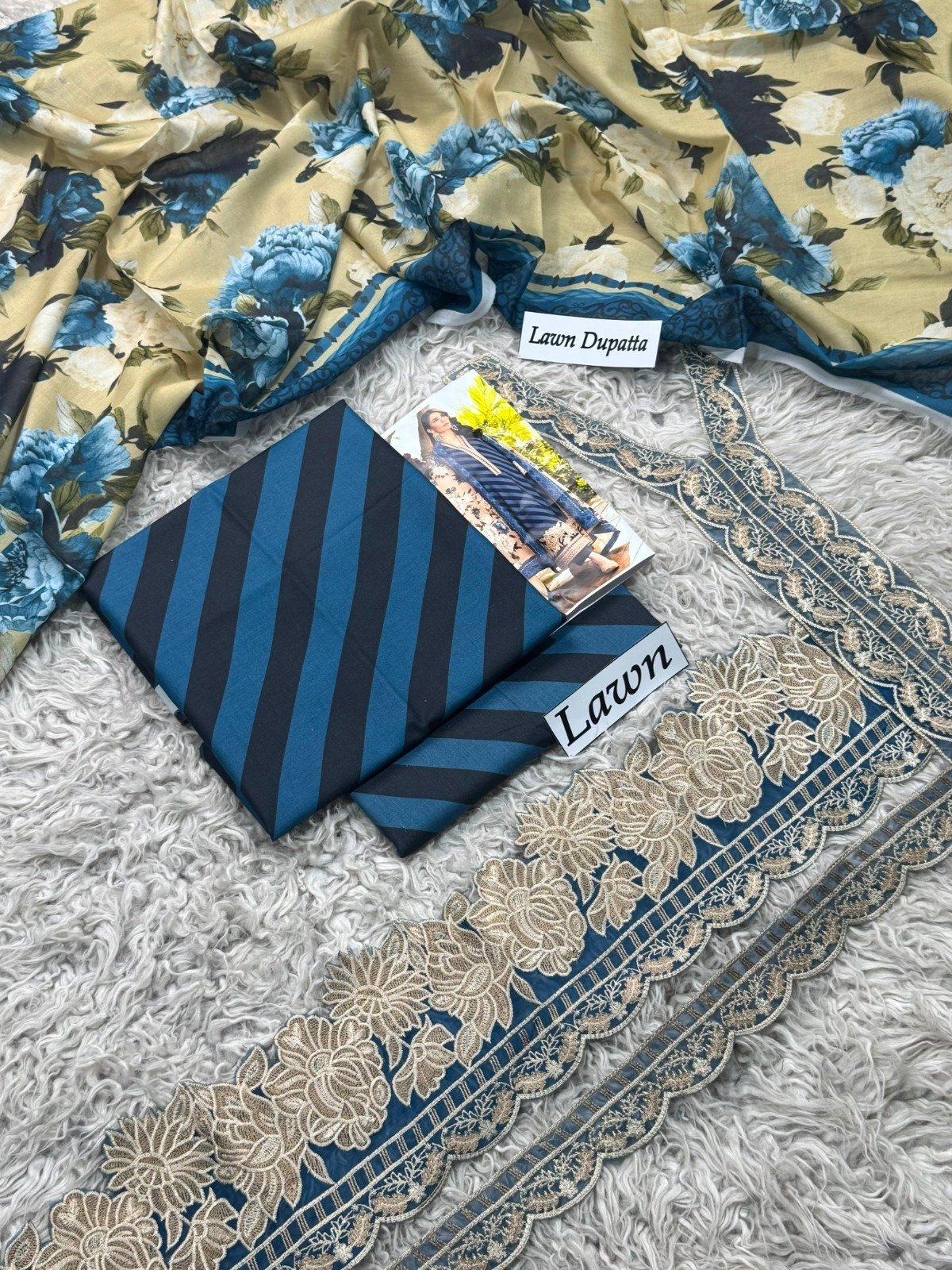 Luxury Lawn Digital Print 3-Piece Suit with Lawn Dupatta & Embroidered Organza Patches