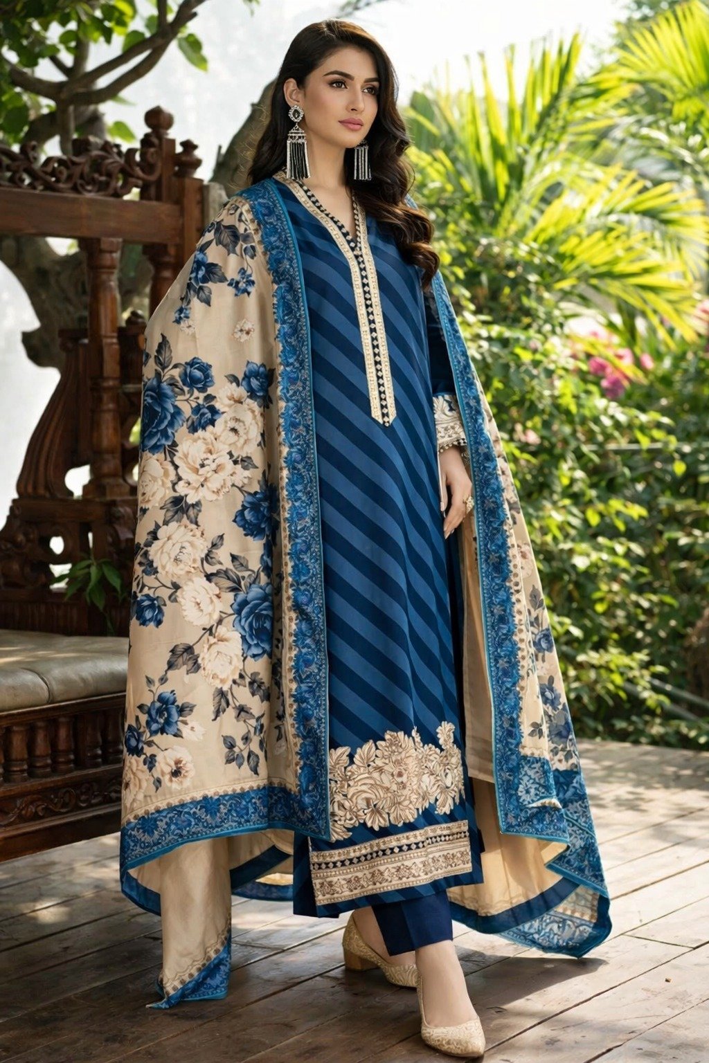 Luxury Lawn Digital Print 3-Piece Suit with Lawn Dupatta & Embroidered Organza Patches