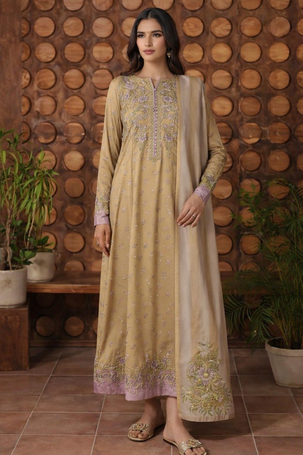 Luxury Lawn Digital Print 3-Piece Suit with Chiffon Dupatta & Embroidered Patches