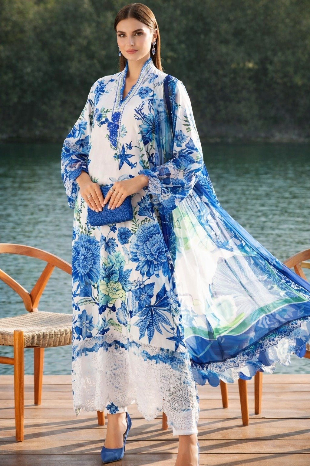 Luxury Lawn Digital Print 3-Piece Suit with Chiffon Dupatta & Embroidered Patches