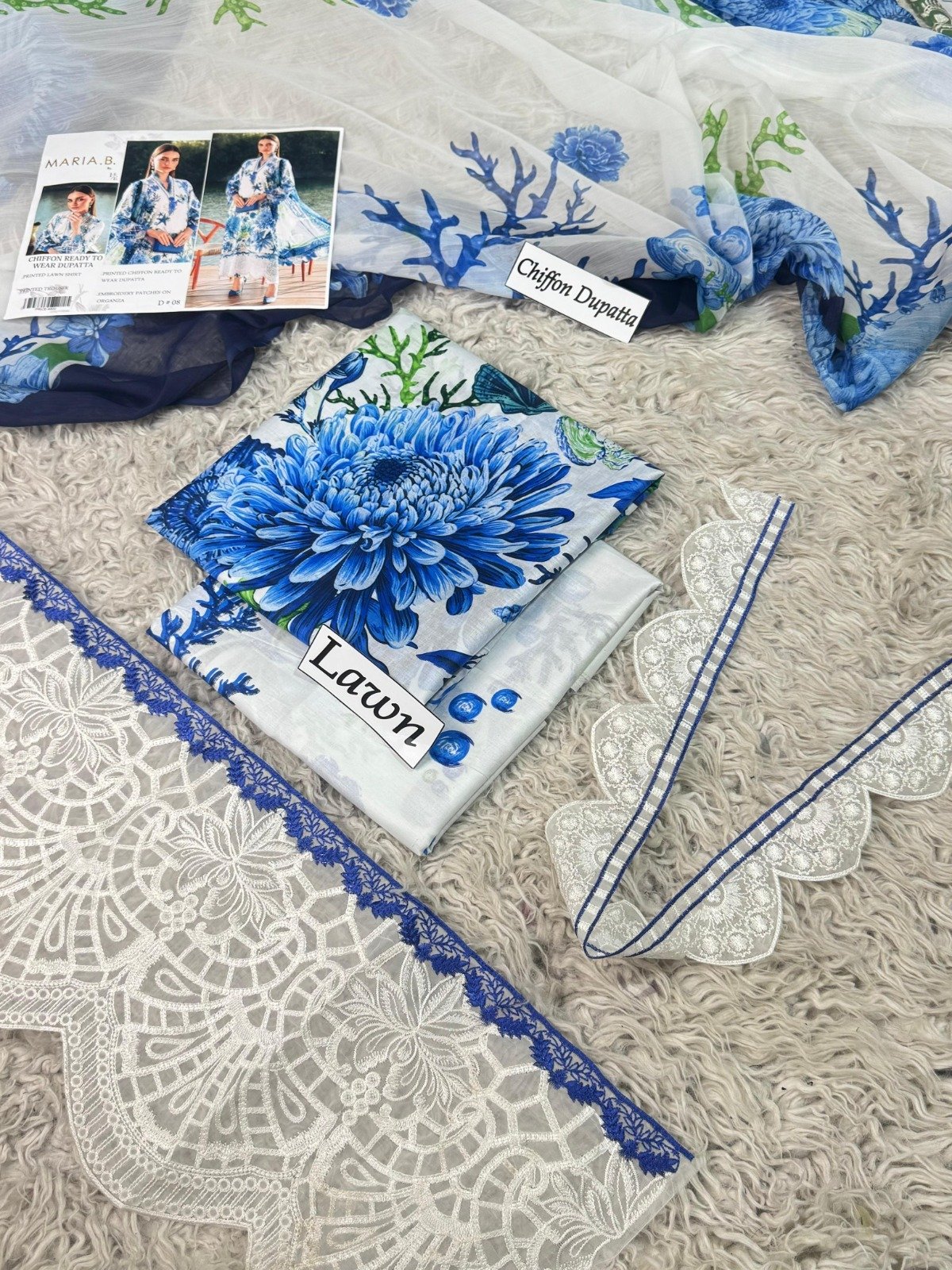 Luxury Lawn Digital Print 3-Piece Suit with Chiffon Dupatta & Embroidered Patches