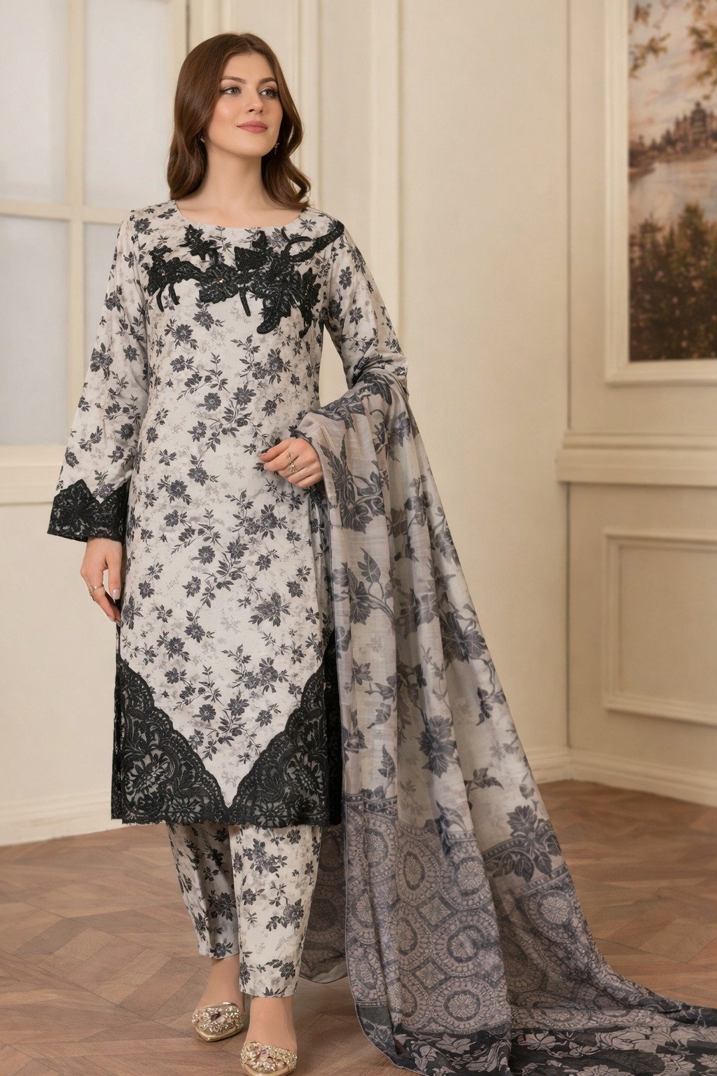 Luxury Lawn Digital Print 3-Piece Suit with Chiffon Dupatta & Embroidered Patches