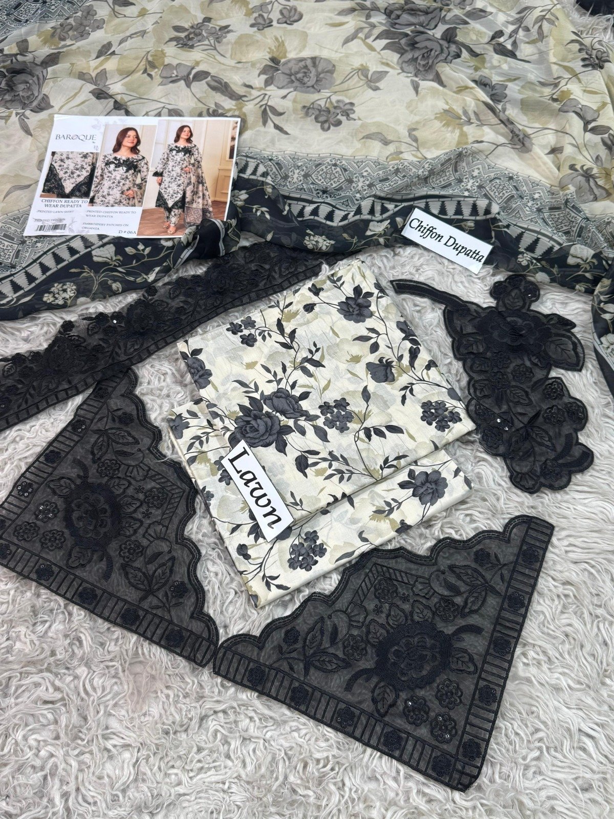 Luxury Lawn Digital Print 3-Piece Suit with Chiffon Dupatta & Embroidered Patches