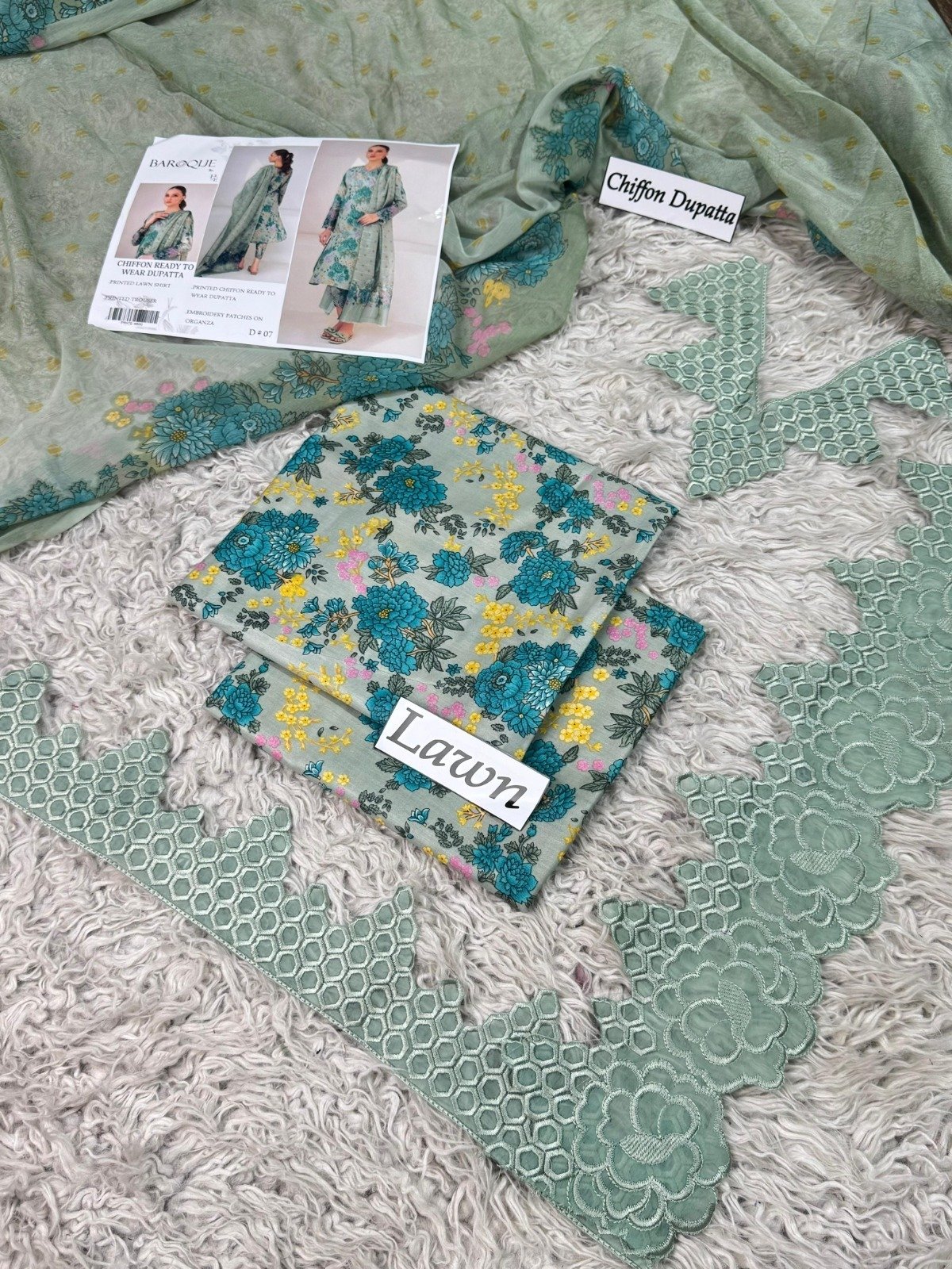 Luxury Lawn Digital Print 3-Piece Suit with Chiffon Dupatta & Embroidered Patches