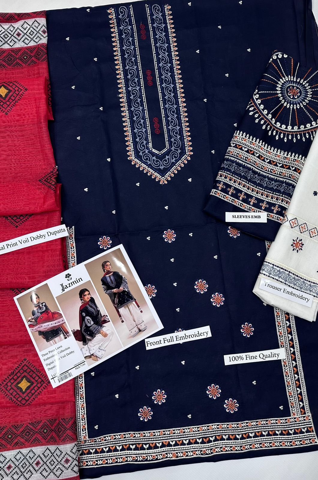 Mix Brands Embroidered Lawn 3-Piece Suit with Digital Diamond Dupatta