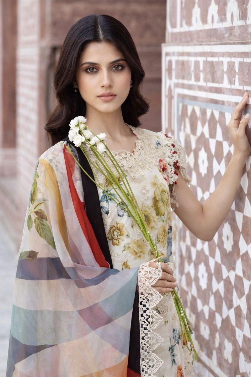 Luxury Lawn Digital Print 3PC Suit with Chiffon Ready-to-Wear Dupatta & Patches