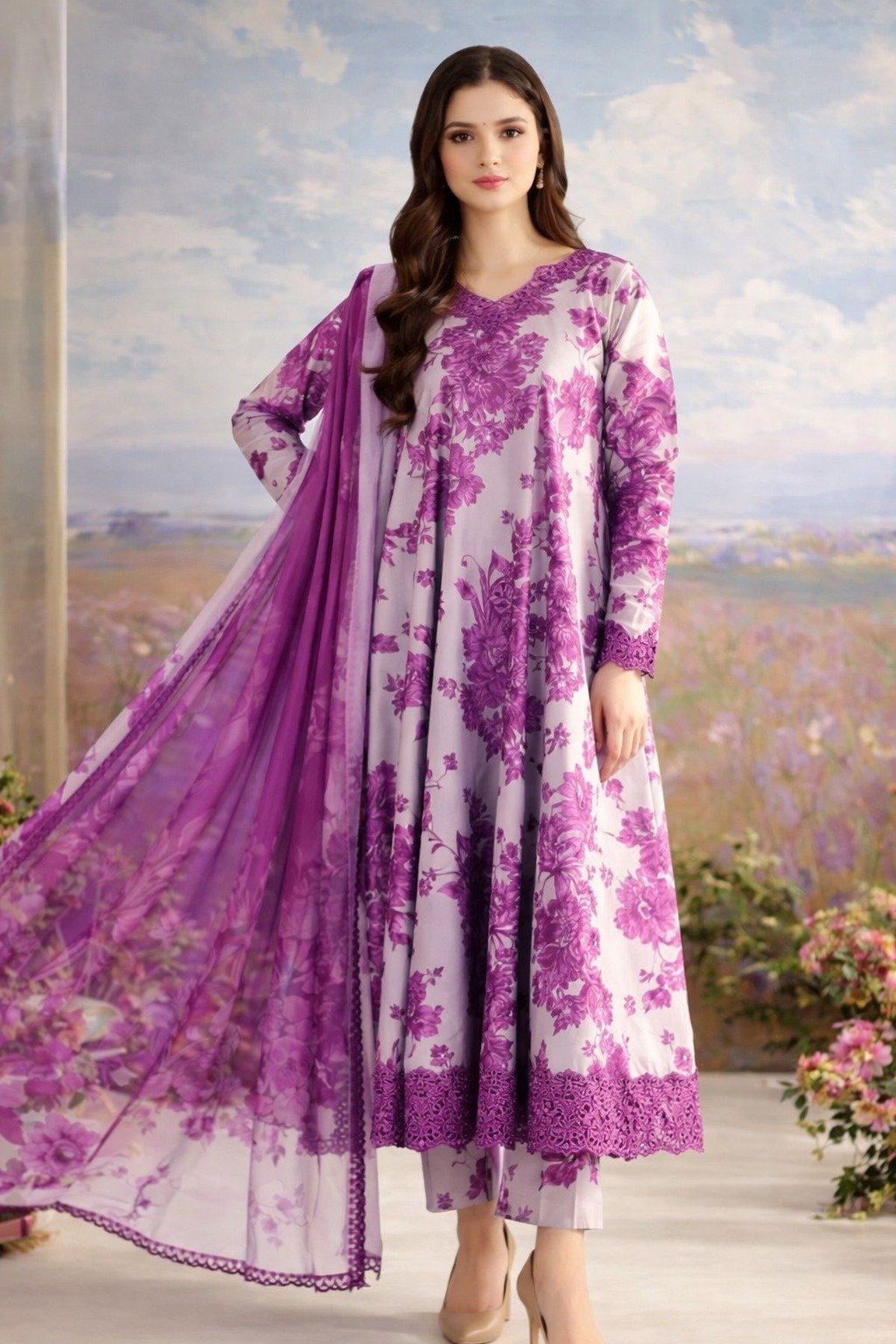 Luxury Lawn Digital Print 3-Piece Suit with Chiffon Dupatta & Embroidered Patches