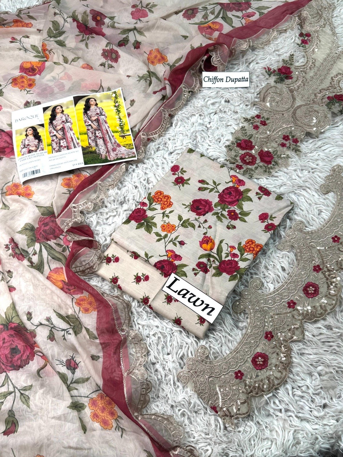 Luxury Lawn Digital Print 3-Piece Suit with Chiffon Dupatta & Embroidered Patches