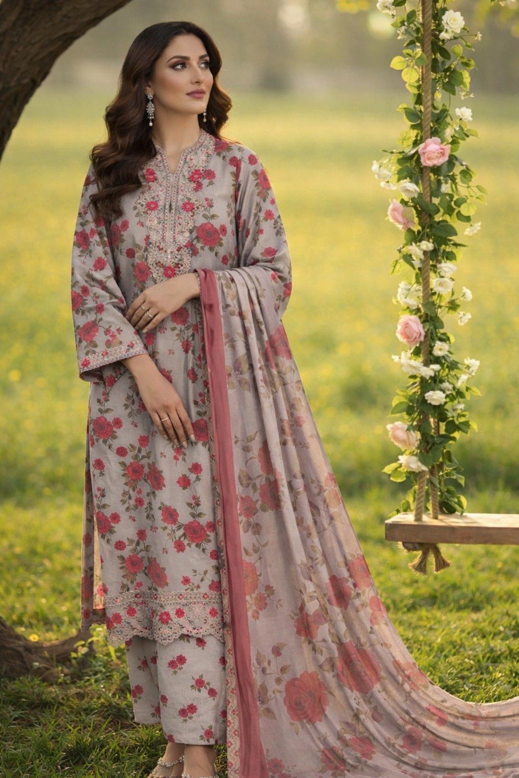 Luxury Lawn Digital Print 3-Piece Suit with Chiffon Dupatta & Embroidered Patches