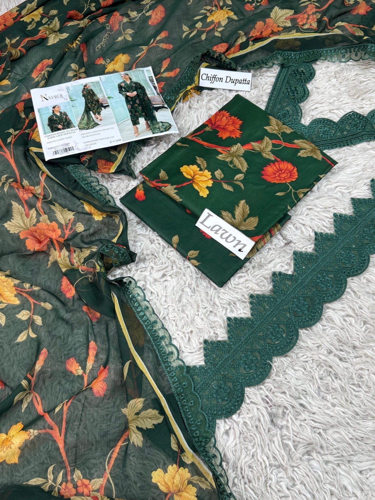 Luxury Lawn Digital Print 3-Piece Suit with Chiffon Dupatta & Embroidered Patches