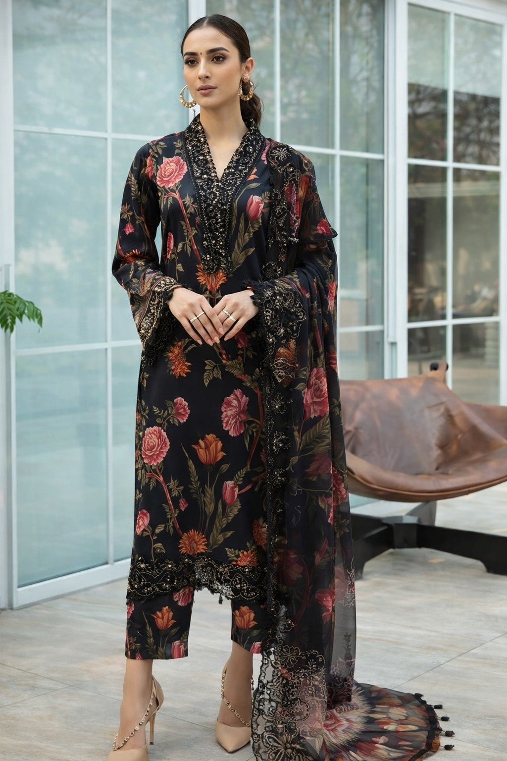 Luxury Lawn Digital Print 3-Piece Suit with Chiffon Dupatta & Embroidered Patches