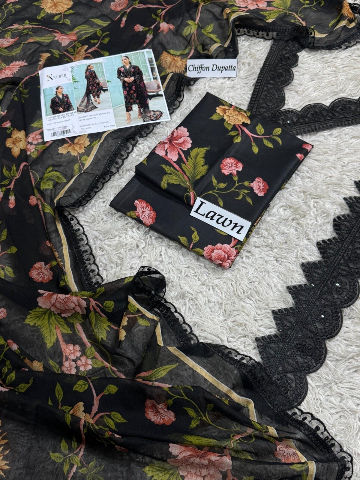 Luxury Lawn Digital Print 3-Piece Suit with Chiffon Dupatta & Embroidered Patches