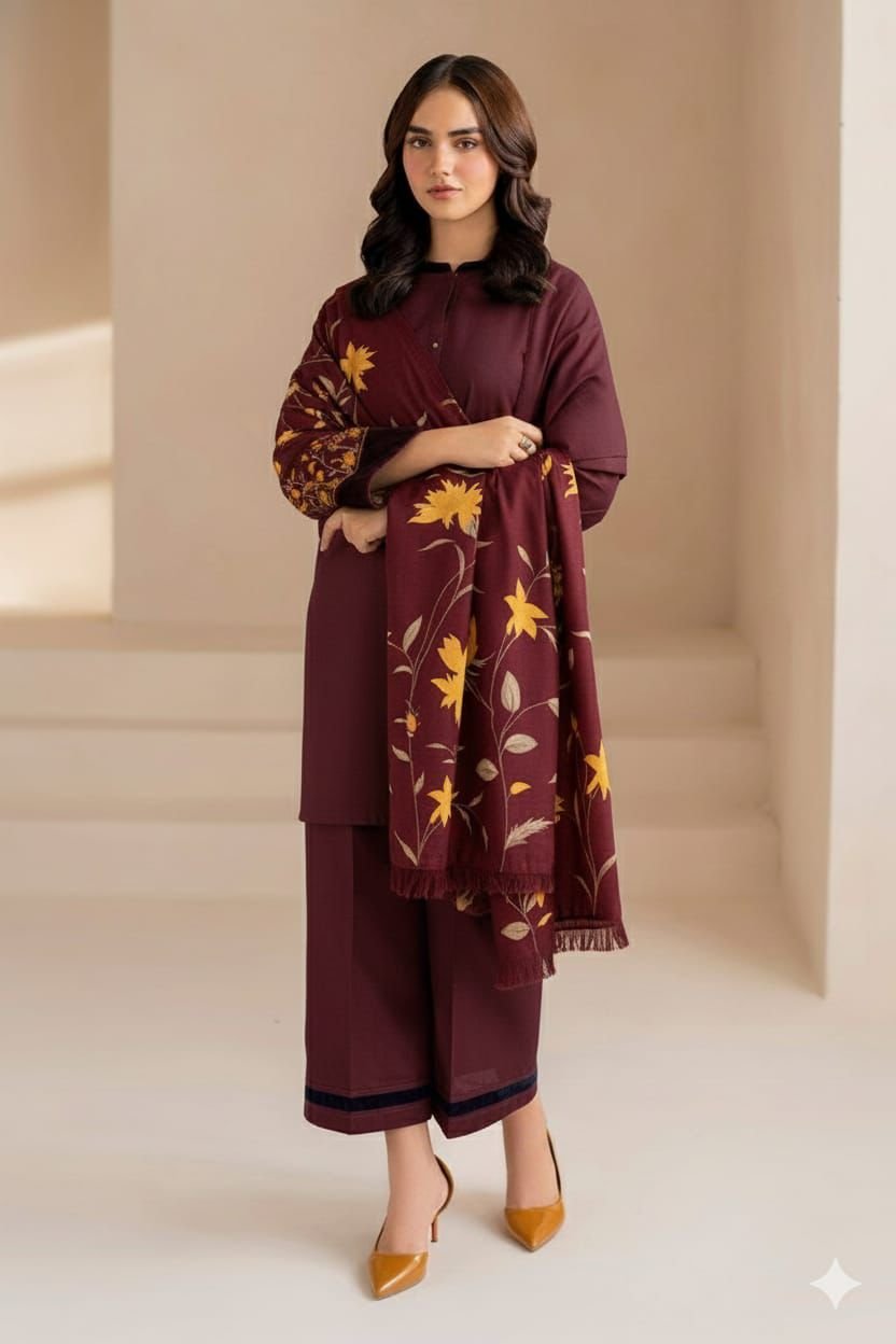 Brown Embroidered Lawn 3-Piece Suit – Mix Brands Collection