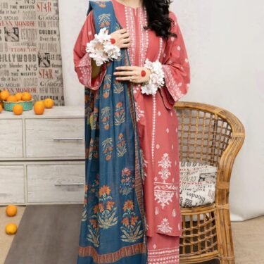 Luxury Lawn Digital Print 3-Piece Suit with Chiffon Dupatta & Embroidered Patches