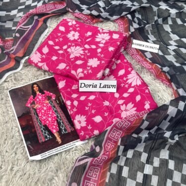 DORIA LAWN 3-Piece Digital Print Suit with Bamber Dupatta – 2026 Collection