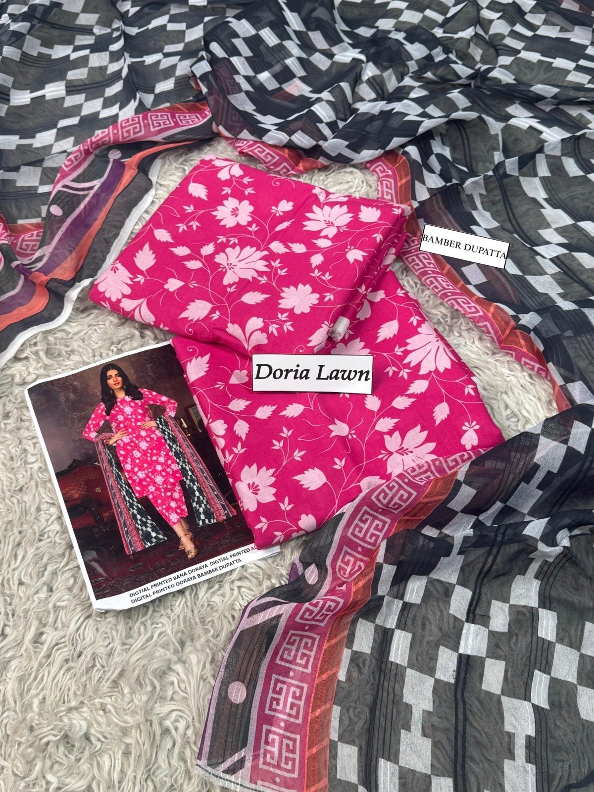 Doria Lawn Digital Print 3-Piece Suit with Bamber Dupatta – 2026 Collection