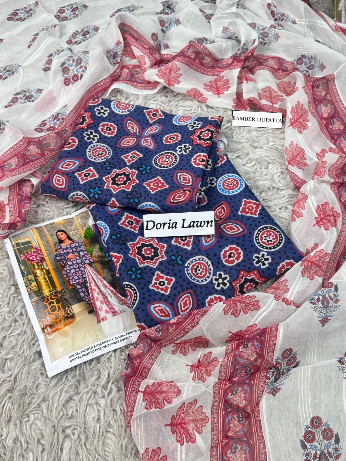 Doria Lawn Digital Print 3-Piece Suit with Bamber Dupatta – 2026 Collection