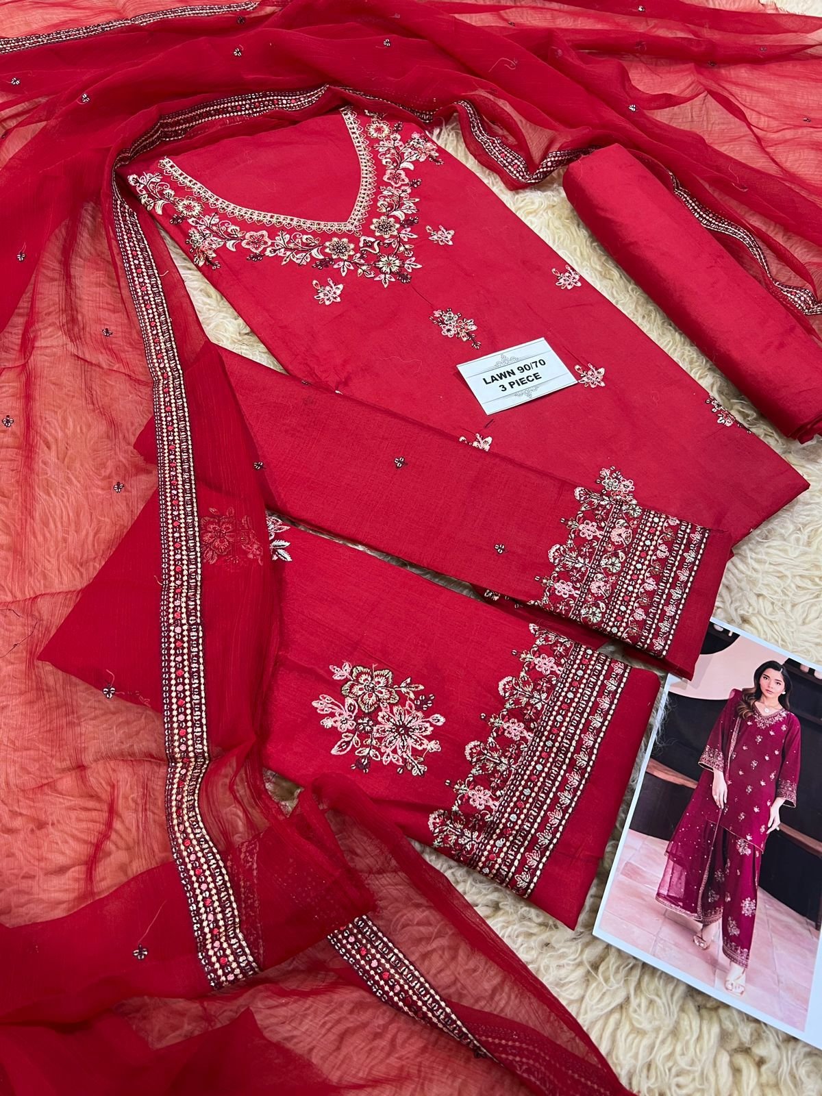 Mix Brands Lawn 3-Piece Chikankari Embroidered Suit – Lawn Shirt, Dyed Trouser & Digital Printed Dupatta