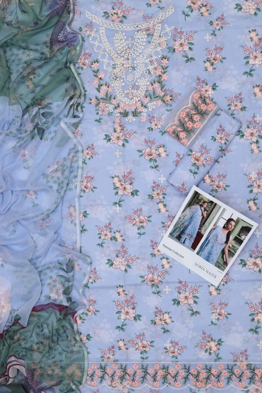 Summer Collection 2026 – 3Pc Printed Lawn Suit with Embroidered Patches & Chiffon Dupatta