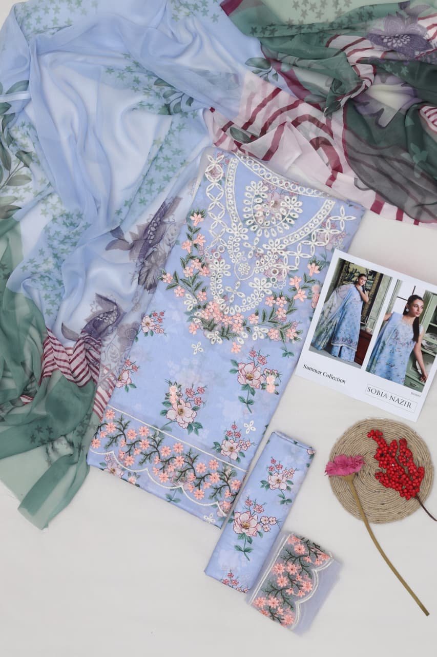 Summer Collection 2026 – 3Pc Printed Lawn Suit with Embroidered Patches & Chiffon Dupatta