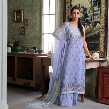 Summer Collection 2026 – 3Pc Printed Lawn Suit with Embroidered Patches & Chiffon Dupatta