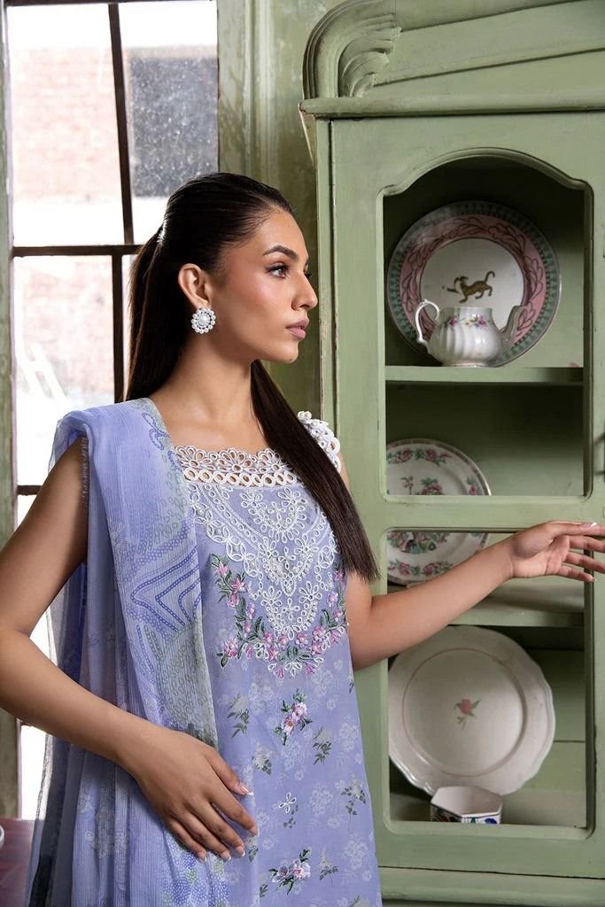 Summer Collection 2026 – 3Pc Printed Lawn Suit with Embroidered Patches & Chiffon Dupatta