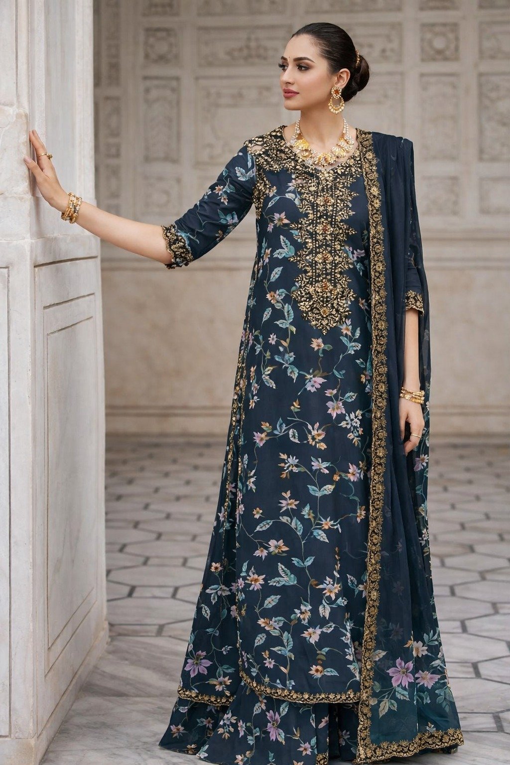 MI Designers Master Quality Embroidered Lawn Suit with Digital Printed Chiffon Dupatta