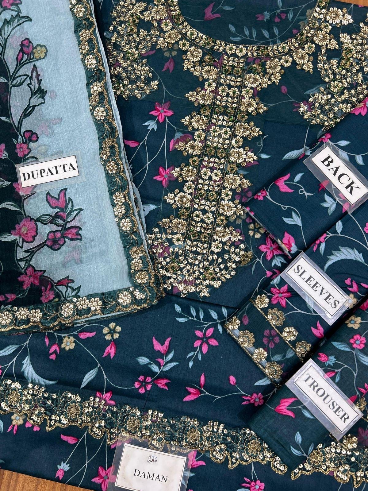 MI Designers Master Quality Embroidered Lawn Suit with Digital Printed Chiffon Dupatta