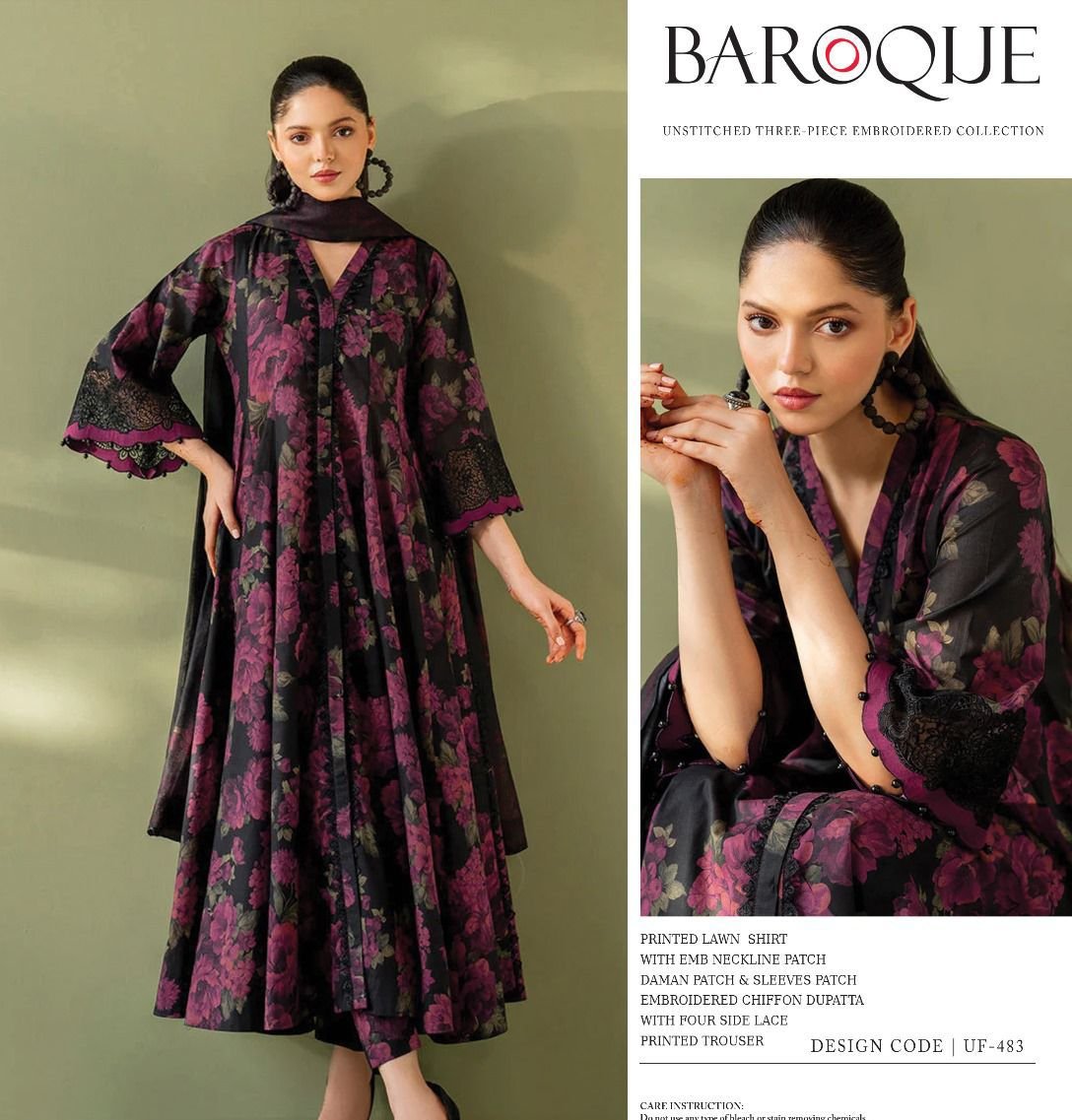 BR-12 Lawn Suit – Printed Lawn with Heavy Embroidered Neck & Chiffon Dupatta