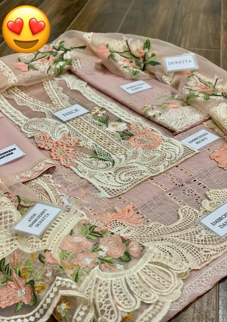 Crimson Luxury Lawn Collection – Heavy Schiffli Embroidered Suit with Organza Dupatta