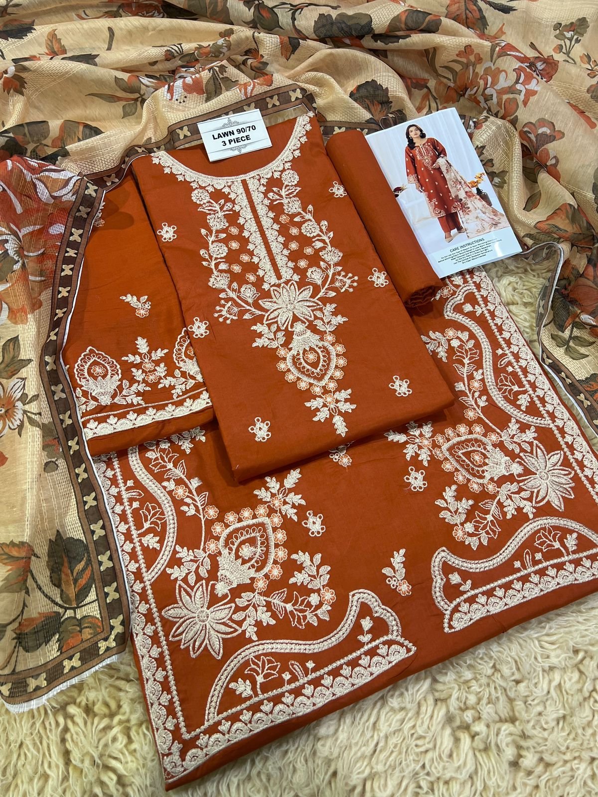 Lawn 3-Piece Embroidered Suit with Digital Printed Dupatta
