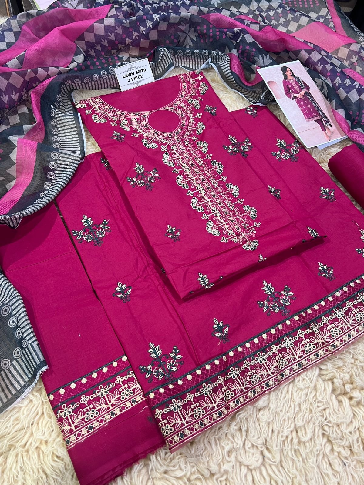 Lawn 3-Piece Embroidered Suit with Digital Printed Dupatta